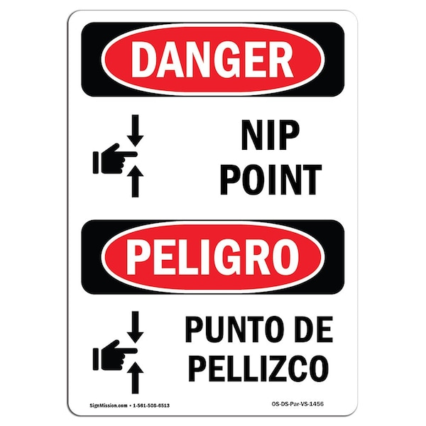 Safety Sign, OSHA Danger, 24" Height, Aluminum, Nip Point, Bilingual Spanish